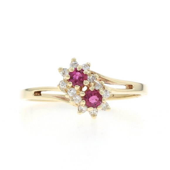 Yellow Gold Ruby Diamond Bypass Ring - 14k Round .30ctw Floral Two-Stone